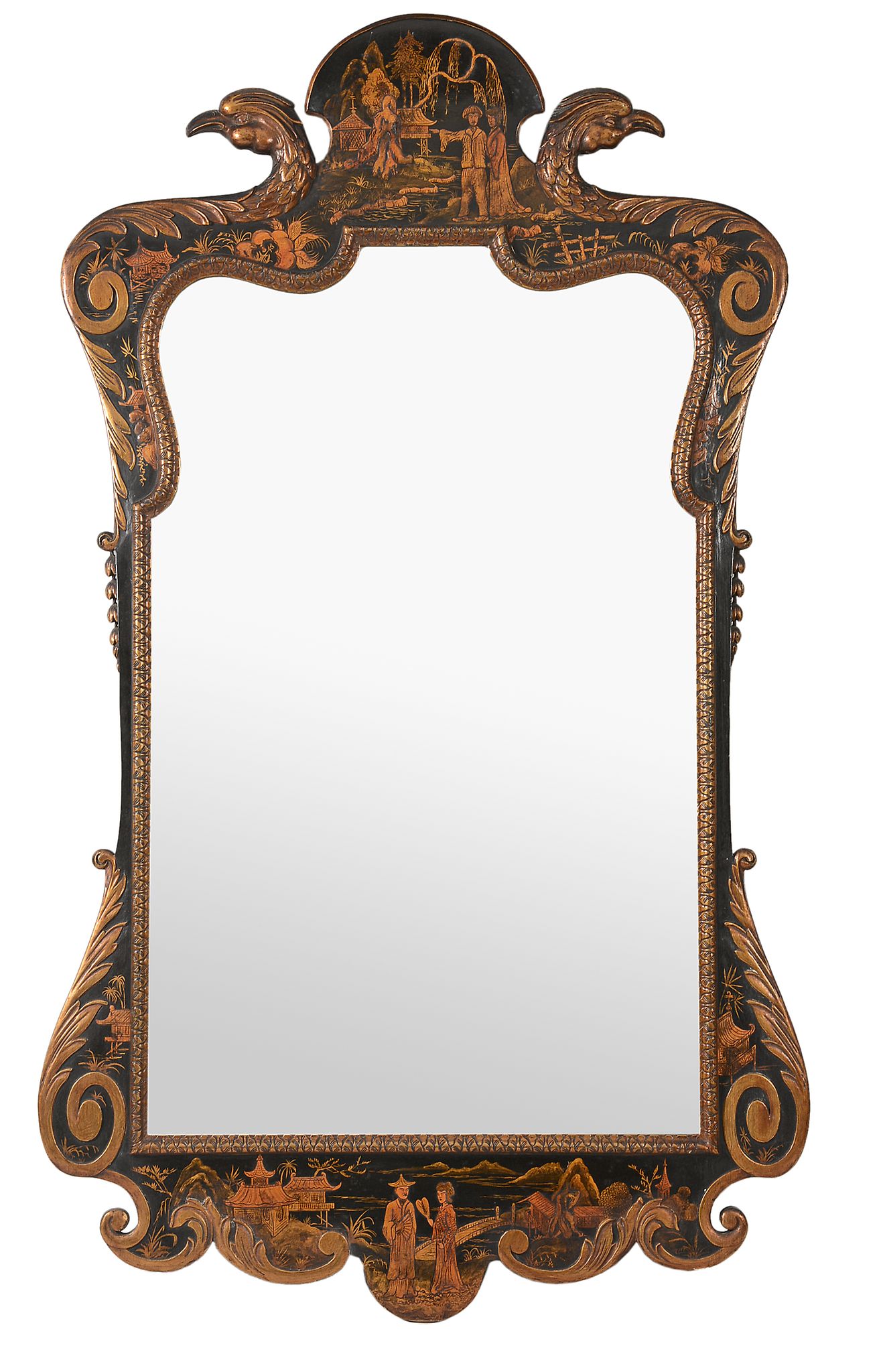 A black lacquer and chinoiserie decorated wall mirror in George II style  A black lacquer and