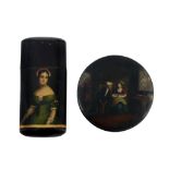 A German lacquered and painted papier mache snuff box, possibly Stobwasser  A German lacquered and