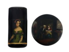 A German lacquered and painted papier mache snuff box, possibly Stobwasser  A German lacquered and