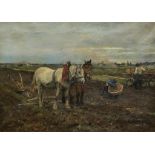 Max Joseph Pitzner (1855-1912) - Pair of horses resting from ploughing, with a farmer and his wife