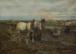 Max Joseph Pitzner (1855-1912) - Pair of horses resting from ploughing, with a farmer and his wife