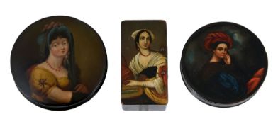 A German lacquered and painted papier mache circular snuff box, circa 1800  A German lacquered and