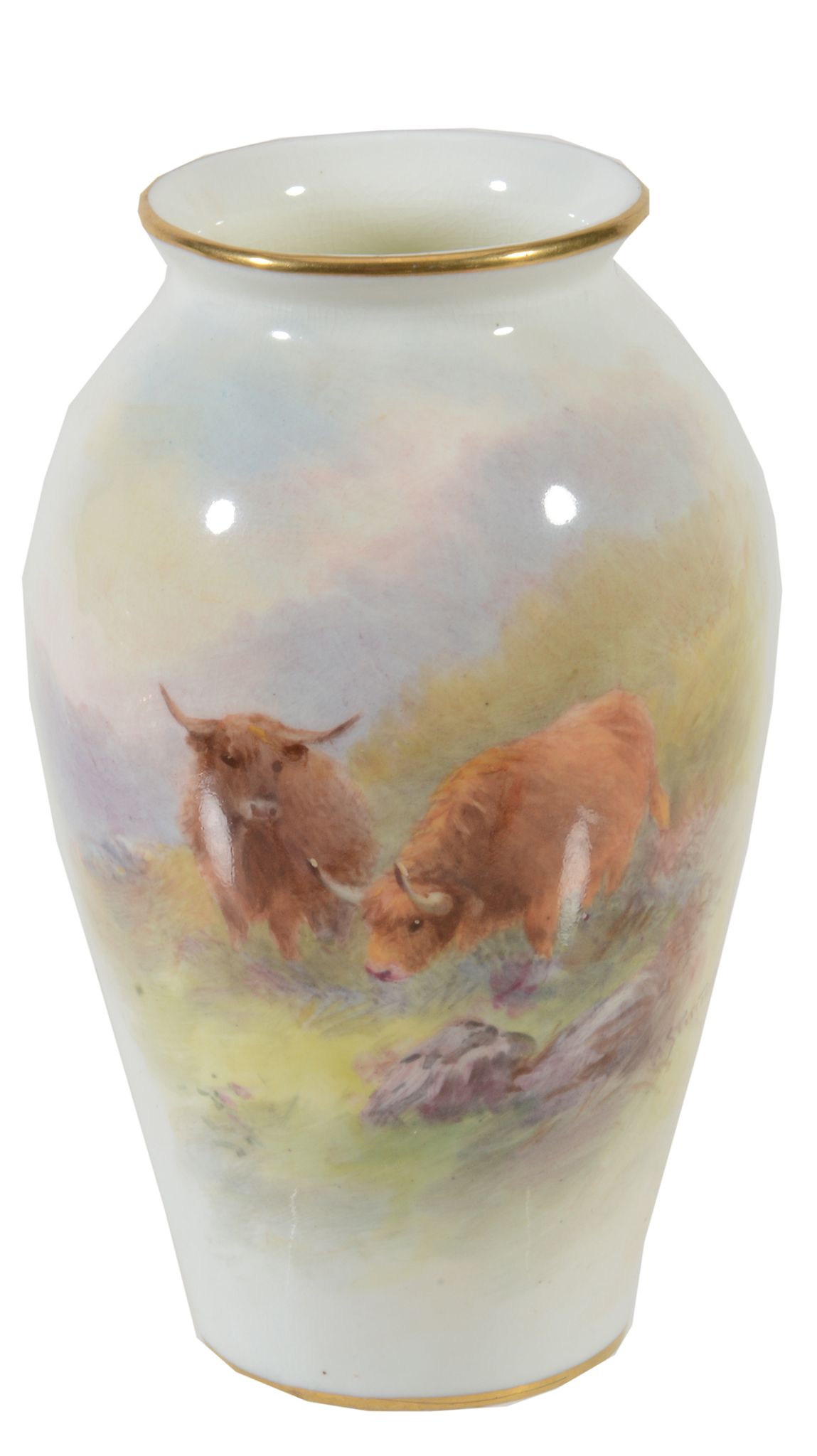 A Royal Worcester slender ovoid vase painted with Highland cattle and signed...  A Royal Worcester