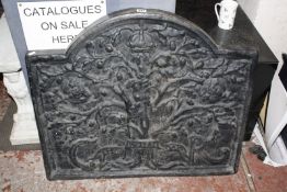 A 19th Century cast iron fireback with the Royal Oak Tree of King Charles initialled CR.85cm x 72cm