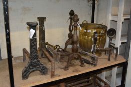 Three pair of firedogs, brass coal bin and two Georgian fire irons