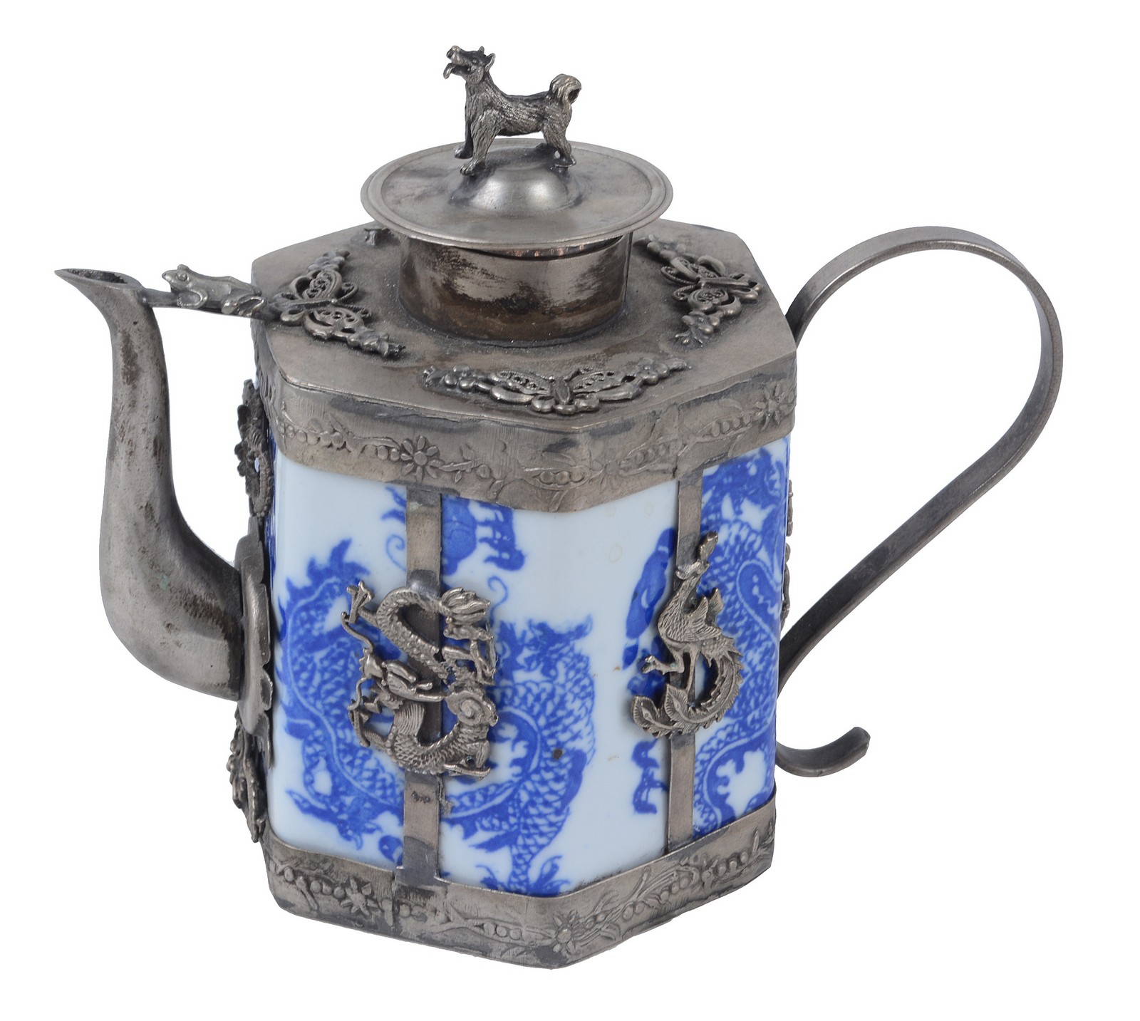 A Chinese transfer printed blue and white teapot with silver metal mounted top, handle and spout,