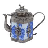 A Chinese transfer printed blue and white teapot with silver metal mounted top, handle and spout,