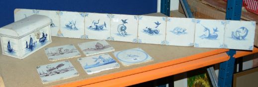 Five various Delft tiles (loose), nine Delft tiles mounted onto a wooden panel and a Delft tile