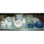 A quantity of decorative ceramics to include a ceramic and glass cheese cover, table lamps, jugs