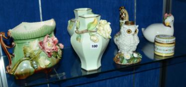 A 19th Century oil lamp base in the form of an owl, 17cm high, quantity of Limoges porcelain and