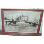 A..K..Dawordi (20th century) Barge boat at docks Oil on board Signed and dated lower right '65