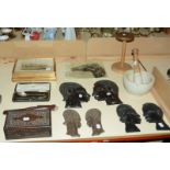 A quantity of collectable items to include a pestle and mortar, a printed tile of a horses head,