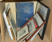 Two modern wall mirrors, a 'Philips' Centenary Handy General Atlas', and a quantity of prints and