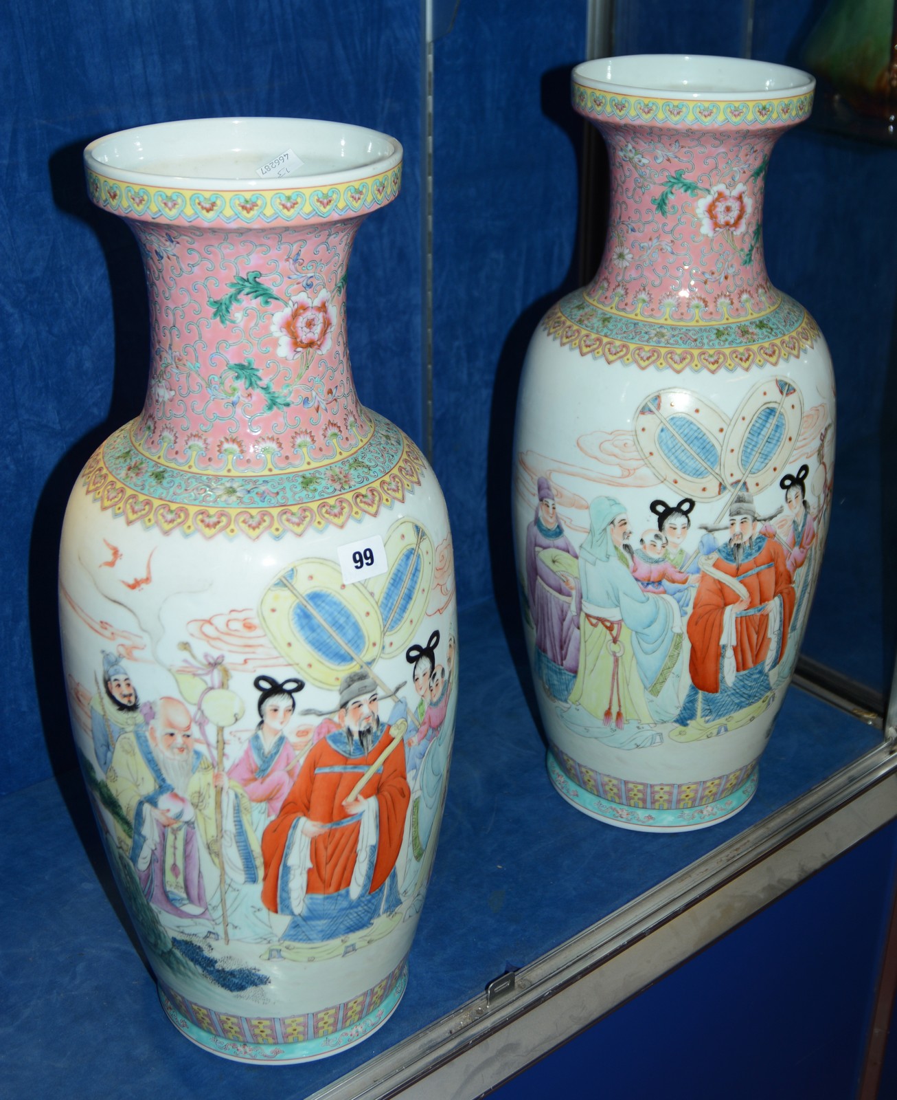 Pair of 20th Century Chinese Large Famille Rose Vases, decorated with figures, baluster shaped, 61cm