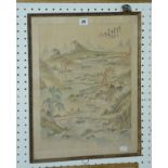 An early 20th Century Chinese watercolour on silk, depicting a village in a landscape, 44.5cm x 33.