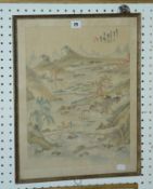 An early 20th Century Chinese watercolour on silk, depicting a village in a landscape, 44.5cm x 33.
