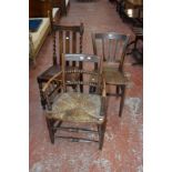 A 19th Century ash bobbin turned and rush seated armchair, together with a barley twist oak chair