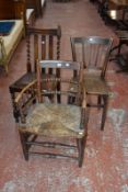 A 19th Century ash bobbin turned and rush seated armchair, together with a barley twist oak chair