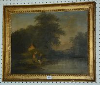 English School (19th Century) Fisherman by a lake Oil on canvas Unsigned 40cm x 51cm