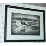 Daniel Holden (20th Century) Boat in a lake with house in background Charcoal Signed lower right and