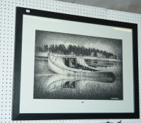 Daniel Holden (20th Century) Boat in a lake with house in background Charcoal Signed lower right and