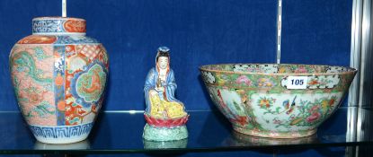 A Cantonese bowl, (cracked), a Japanese Imari vase and cover and a modern figure of Guanyin -3