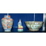 A Cantonese bowl, (cracked), a Japanese Imari vase and cover and a modern figure of Guanyin -3