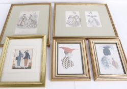 A collection of framed fashion prints, including: a framed millinery sketch by W.H. Dowd, 1934,