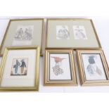 A collection of framed fashion prints, including: a framed millinery sketch by W.H. Dowd, 1934,