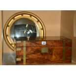A 19th Century rosewood brass banded writing box, 44.5cm wide and a gilt circular framed convex