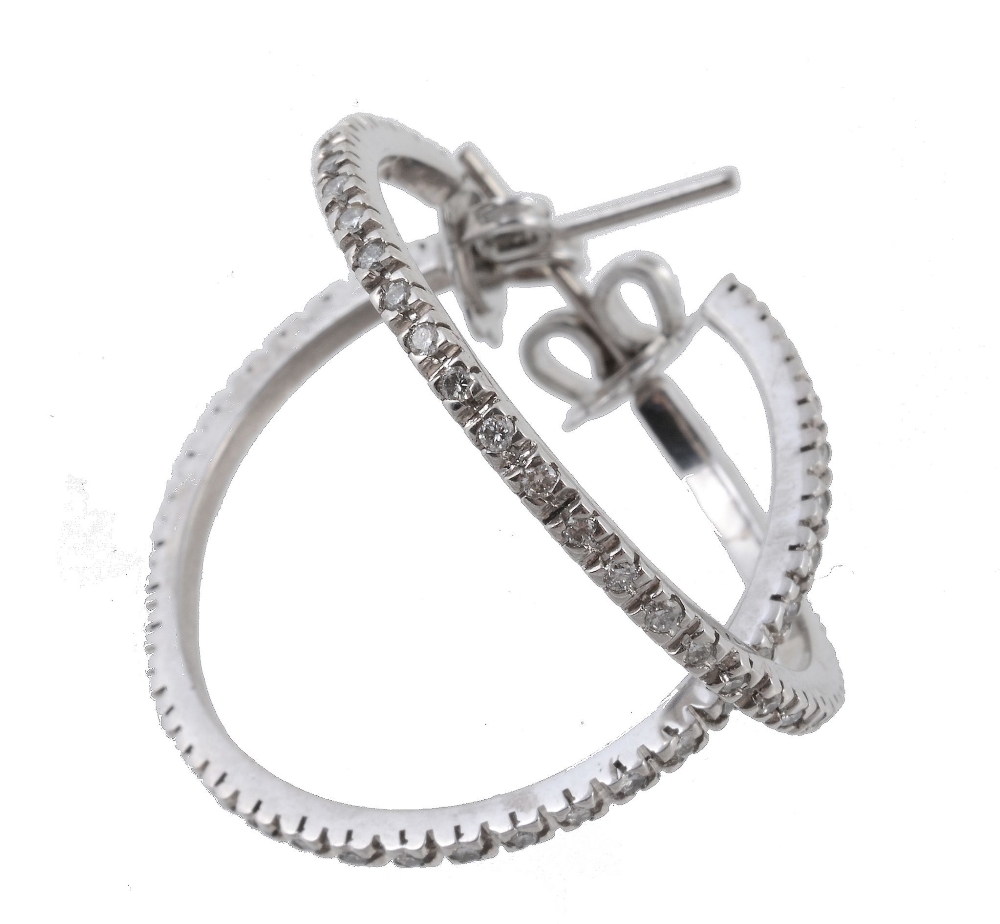 A pair of diamond ear hoops, the hoops set with brilliant cut diamonds  A pair of diamond ear hoops, - Image 2 of 2