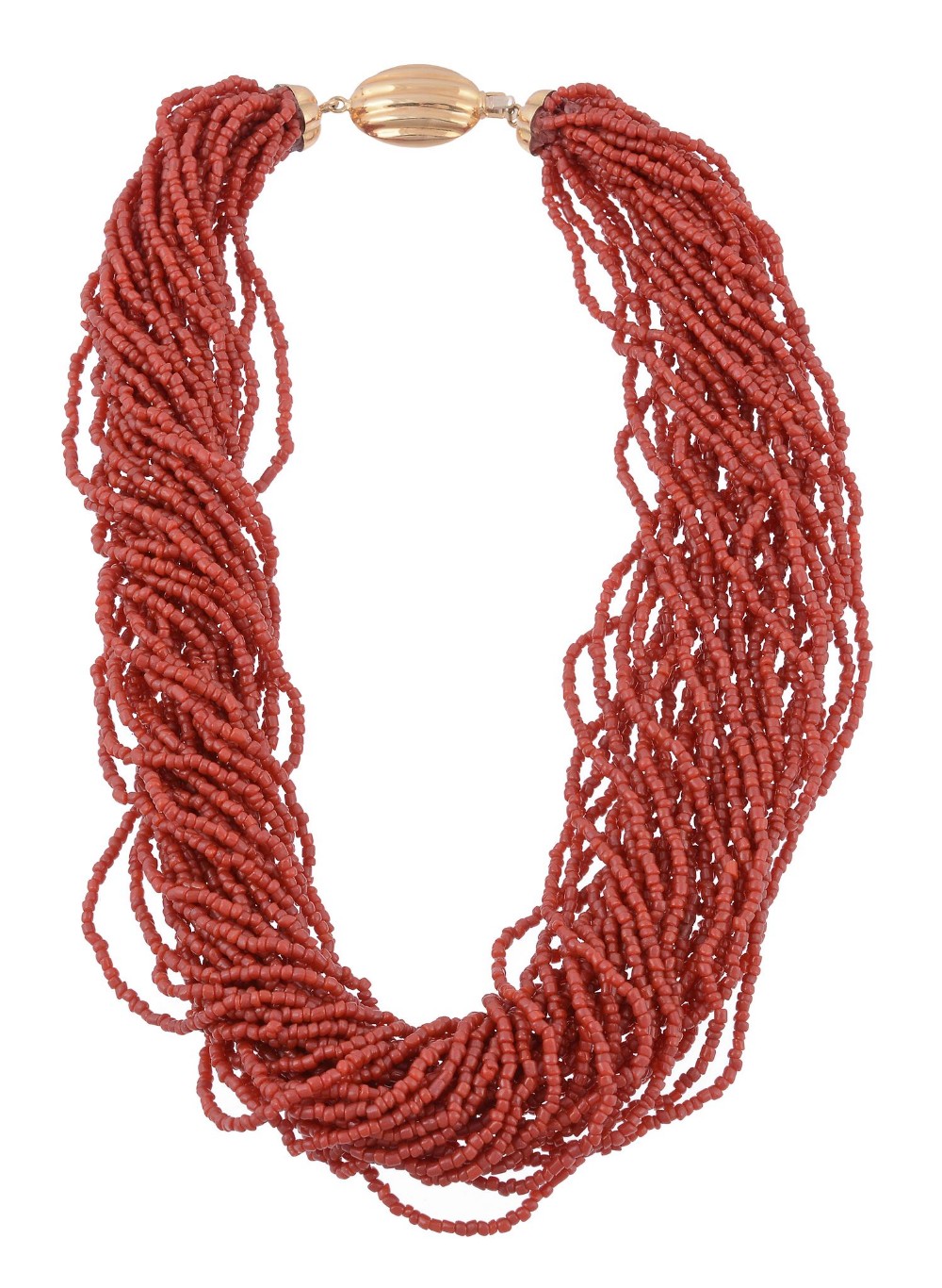 A multi strand coral necklace, the multiple strands of coral to a polished...  A multi strand