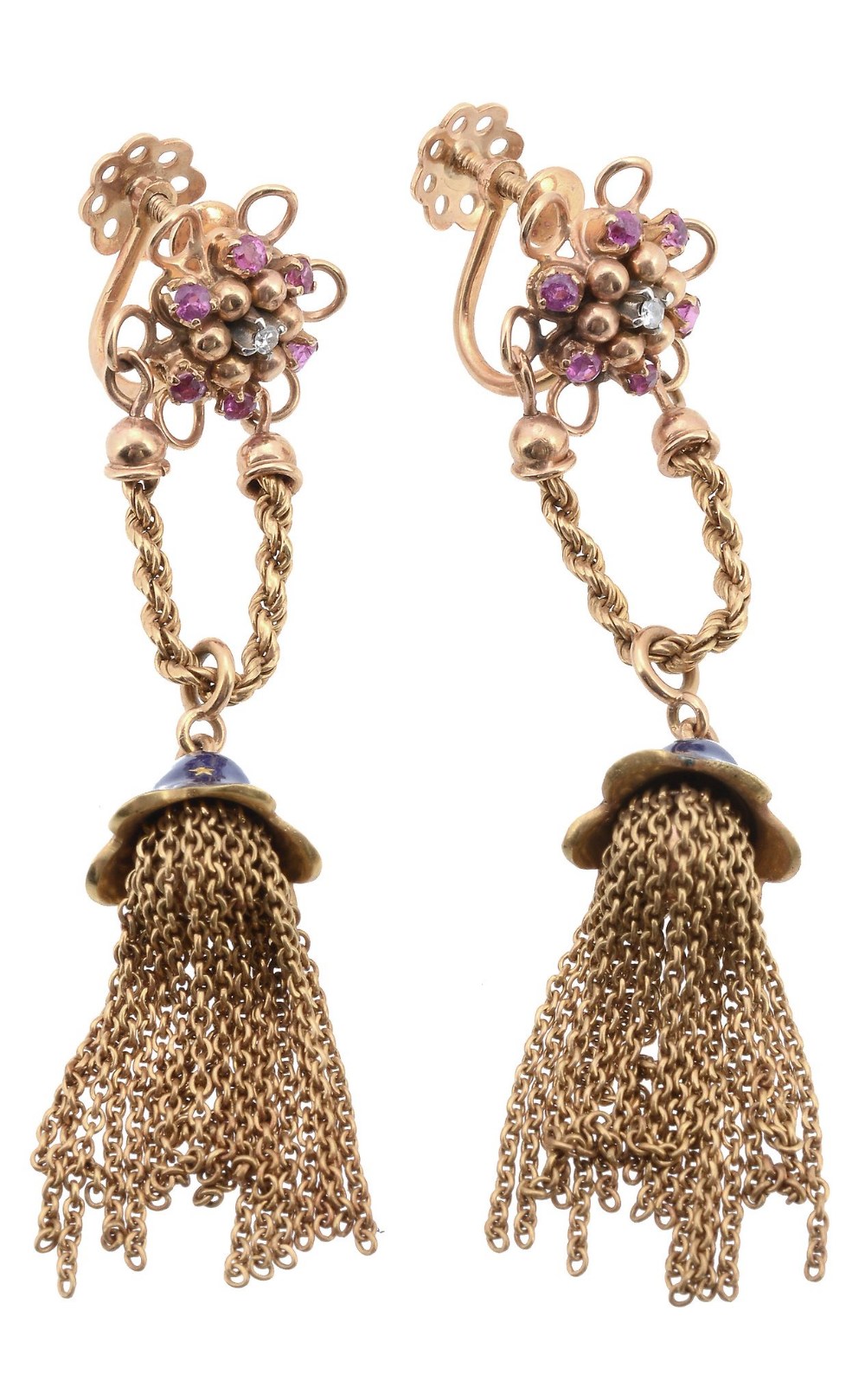 A pair of ruby, diamond and enamel tassel ear pendents  A pair of ruby, diamond and enamel tassel