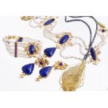 A freshwater cultured pearl and lapis lazuli necklace  A freshwater cultured pearl and lapis