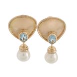 A pair of cultured pearl and blue topaz ear pendants  A pair of cultured pearl and blue topaz ear