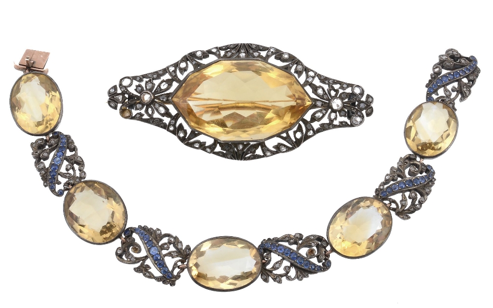 A citrine and diamond brooch and a similar bracelet  A citrine and diamond brooch and a similar