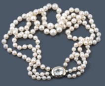 A three row cultured pearl necklace, the rows of forty two, fifty one  A three row cultured pearl