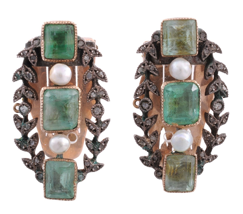 A pair of emerald, pearl and diamond dress clips  A pair of emerald, pearl and diamond dress clips,