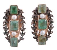 A pair of emerald, pearl and diamond dress clips  A pair of emerald, pearl and diamond dress clips,