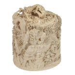 An Ivory Box and Cover,   formed from a section of tusk and carved in deep relief with two heroic