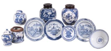 A Chinese blue and white ginger jar,   painted with panels of precious objects on a cracked-ice and