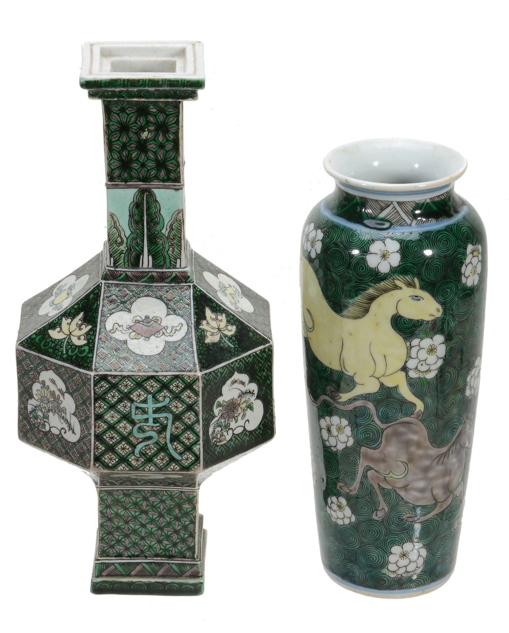 A  famille verte   vase  , 19th century, the central octagonal section painted with shaped panels