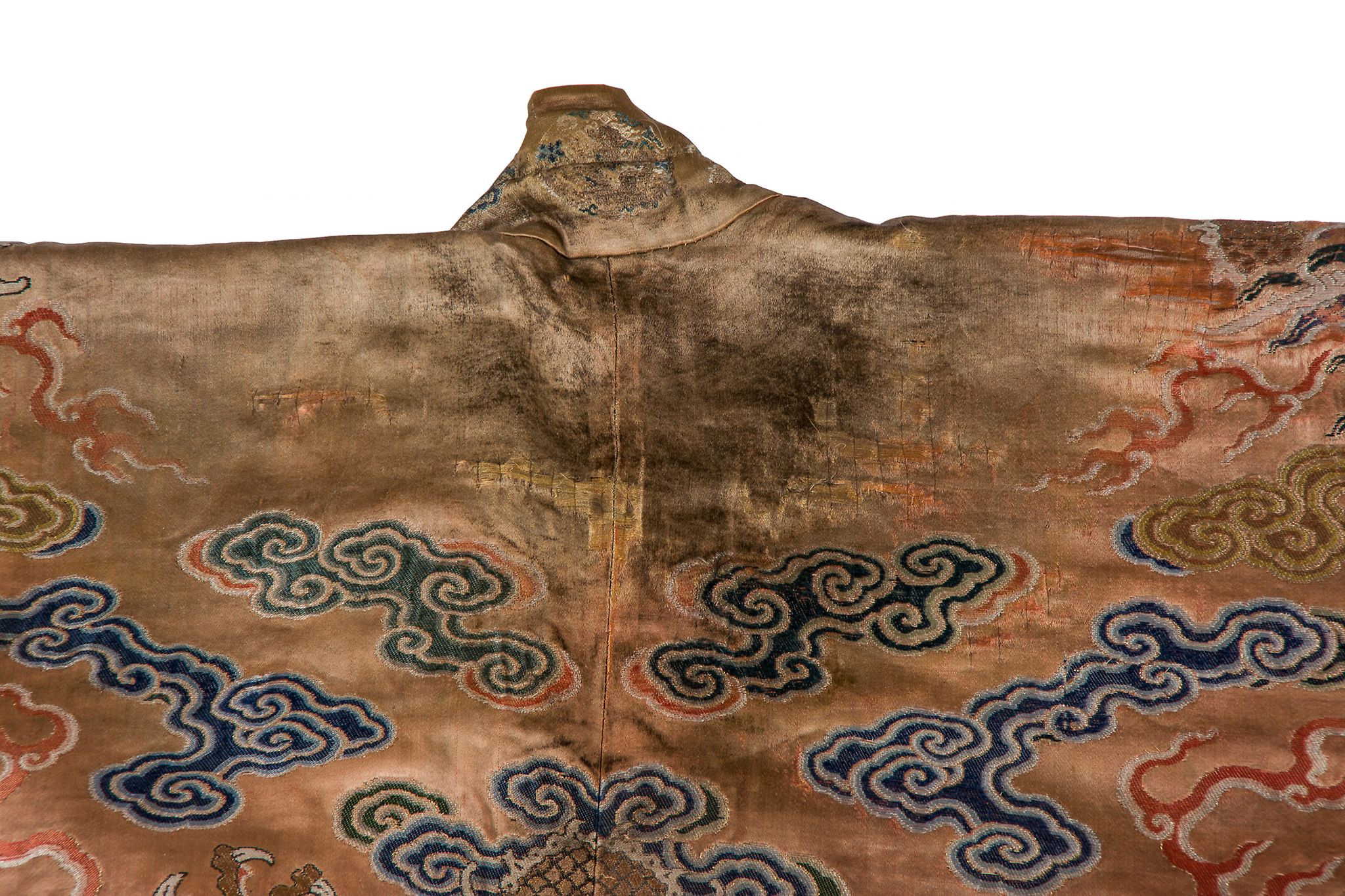A coral ground silk Tibetan chuba, tailored from 18th century Chinese  kesi  , featuring eight - Image 3 of 8