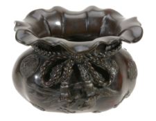 A Japanese Bronze Vase   modelled in the form of Hotei's sack of Treasures, the bulbous vessel tied