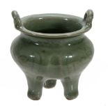 A small Longquan celadon censer, Ming dynasty (15th century),   with compressed, globular body,