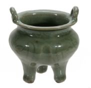 A small Longquan celadon censer, Ming dynasty (15th century),   with compressed, globular body,