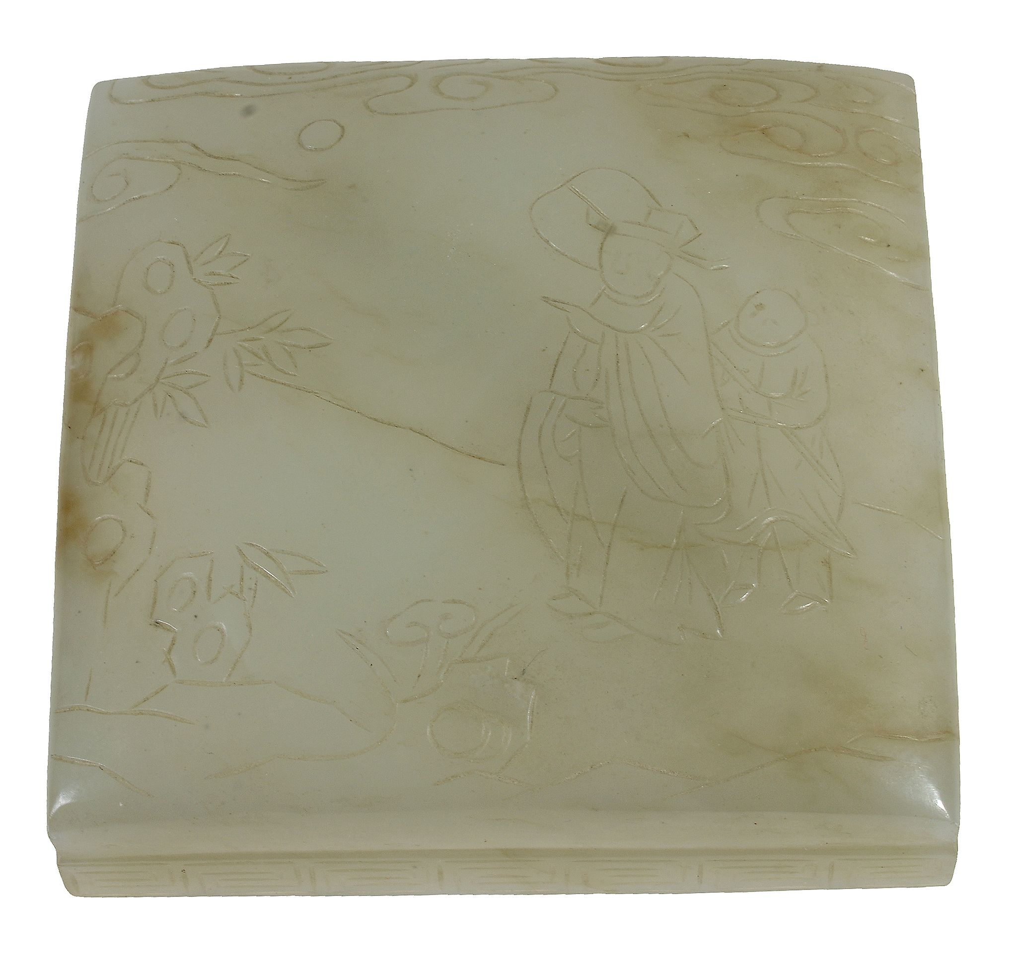 A celadon jade square box and cover, probably Qianlong  , the cover carved with a figure within - Image 3 of 3