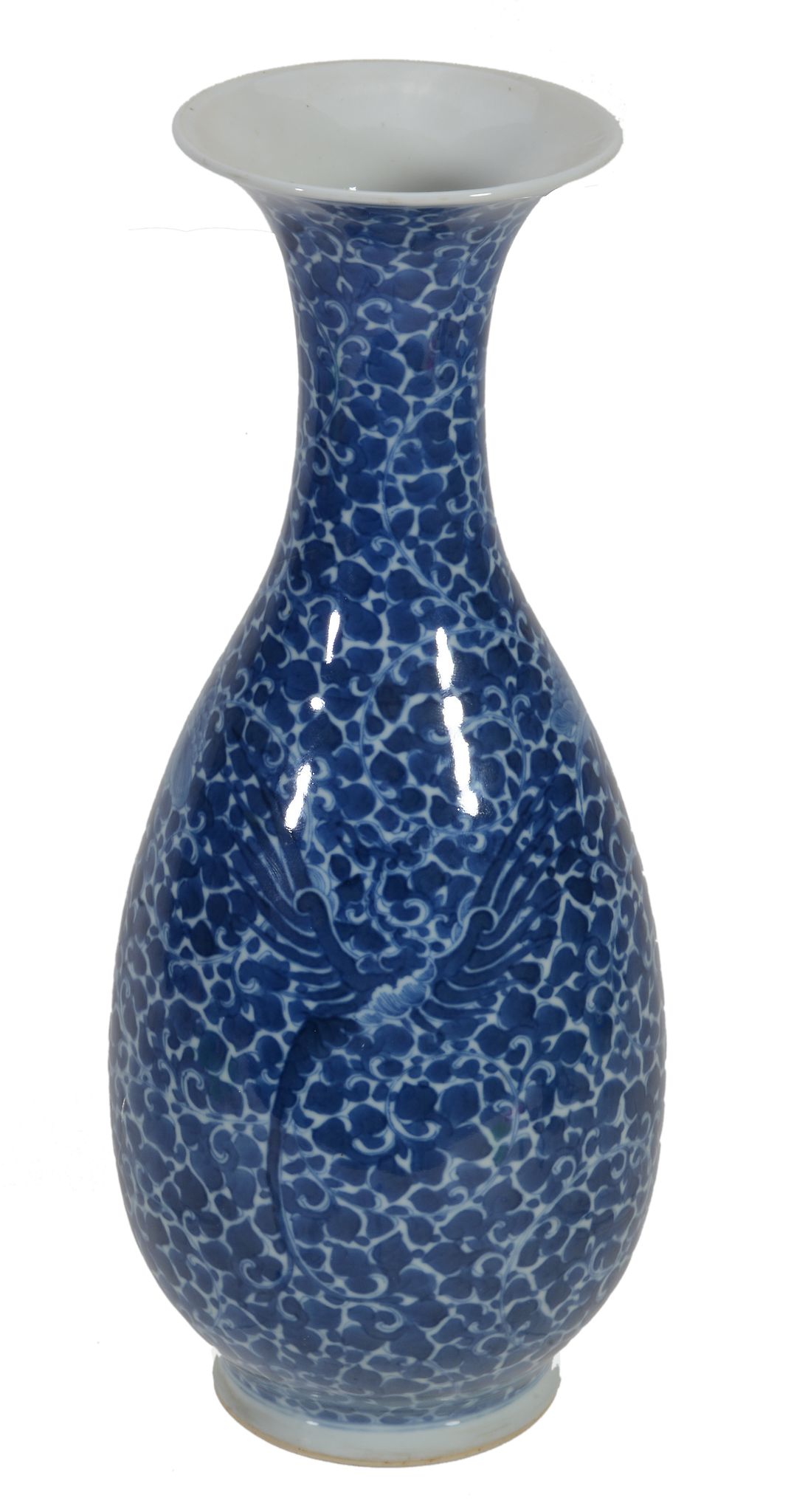 A Chinese blue and white vase  , of slender baluster form with trumpet neck, painted with   ho-ho