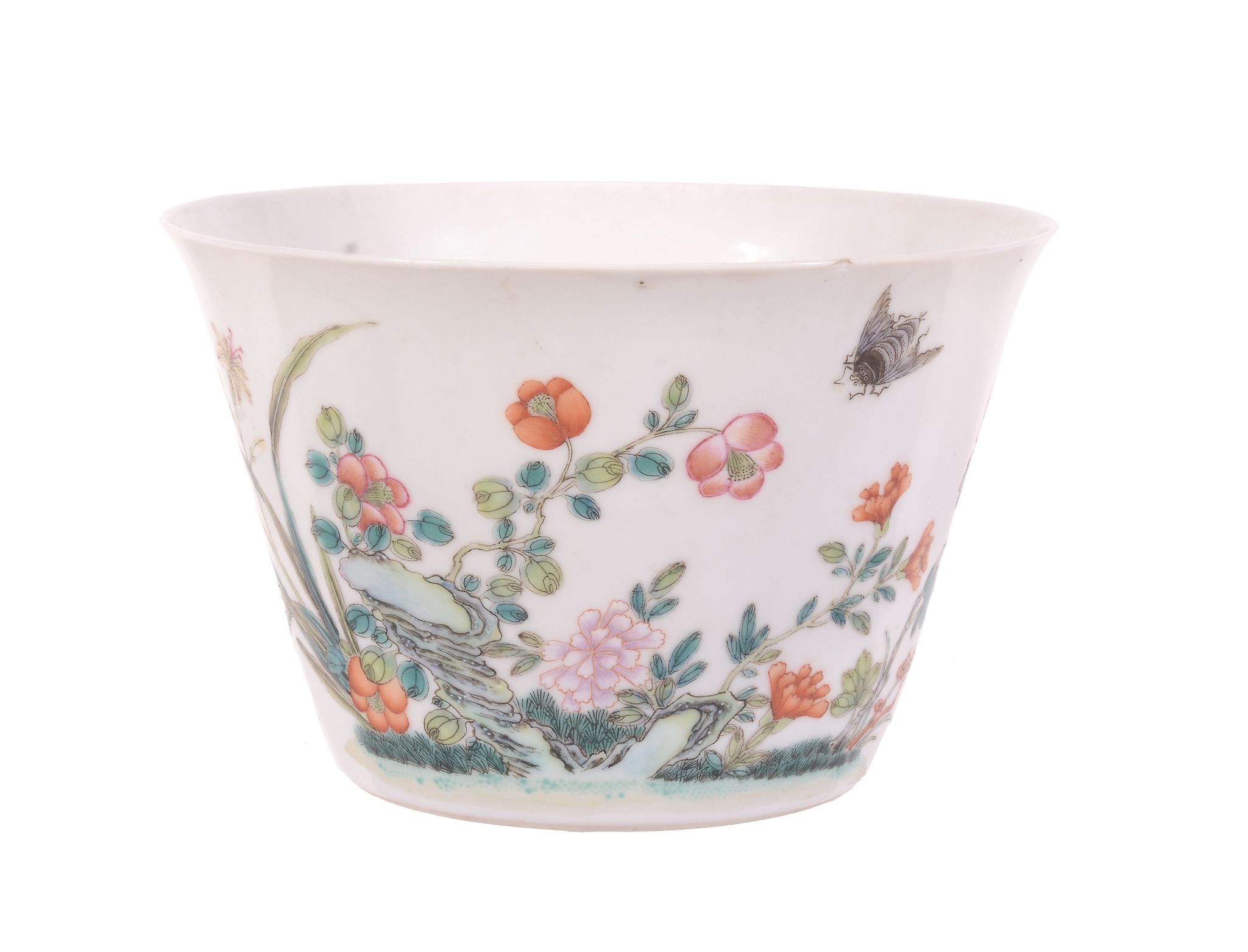 A Chinese  famille verte   flared bowl, 19th century,   finely potted, the exterior painted with