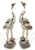 A pair of cloisonné enamel double crane censers, each group finely modelled as a large crane and